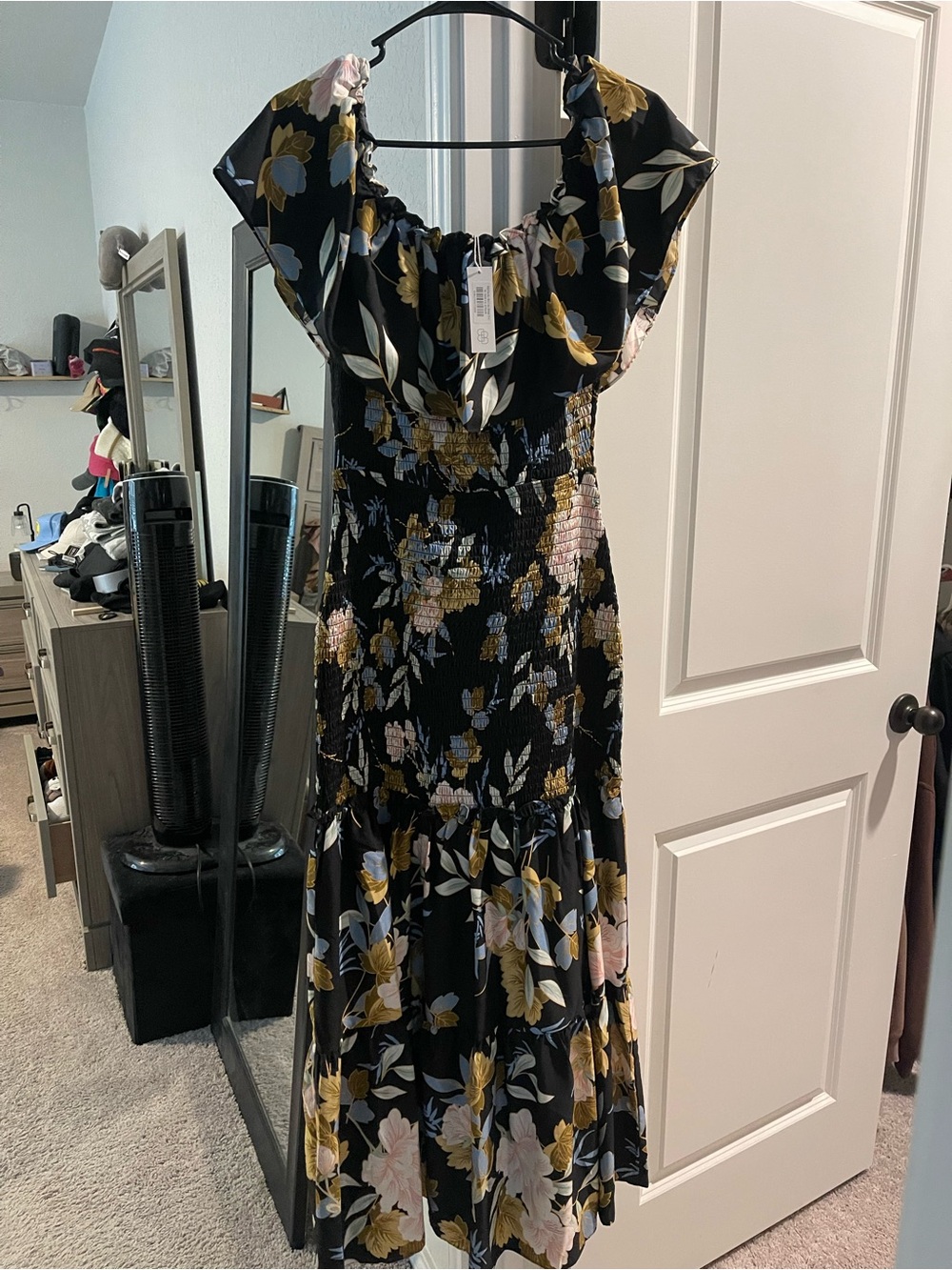 Baltic Born Black Midi Dress with Yellow & Pink Floral Print NWT